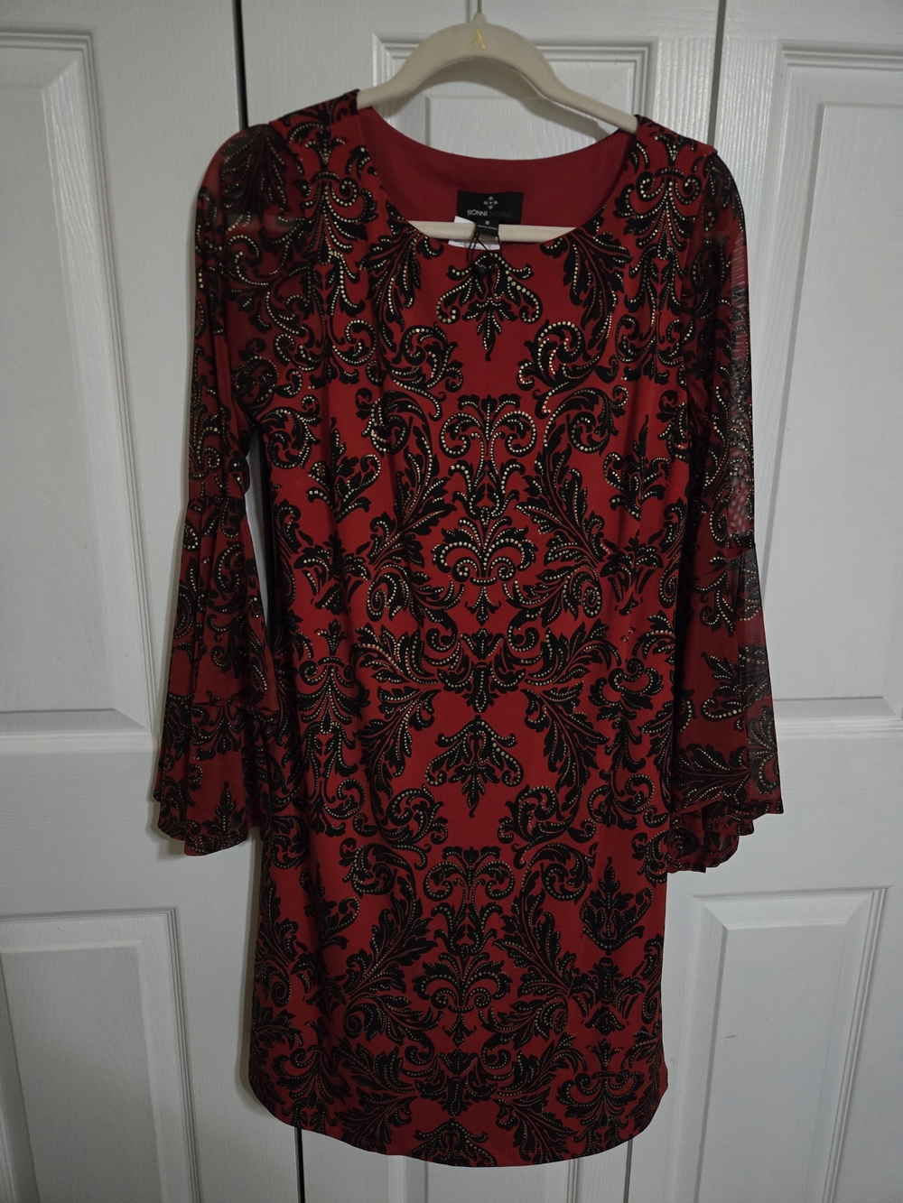Ronni Nicole Red & Black Long Sleeve Embellished Sheath Dress